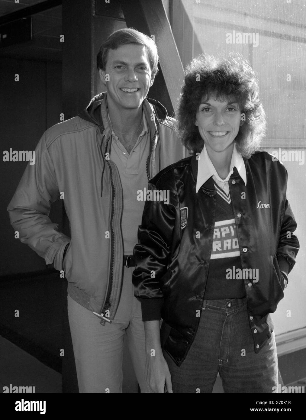 Singing duo, Karen and Richard Carpenter, after arriving at Heathrow Airport from Amsterdam to promote their new album and single. Stock Photo