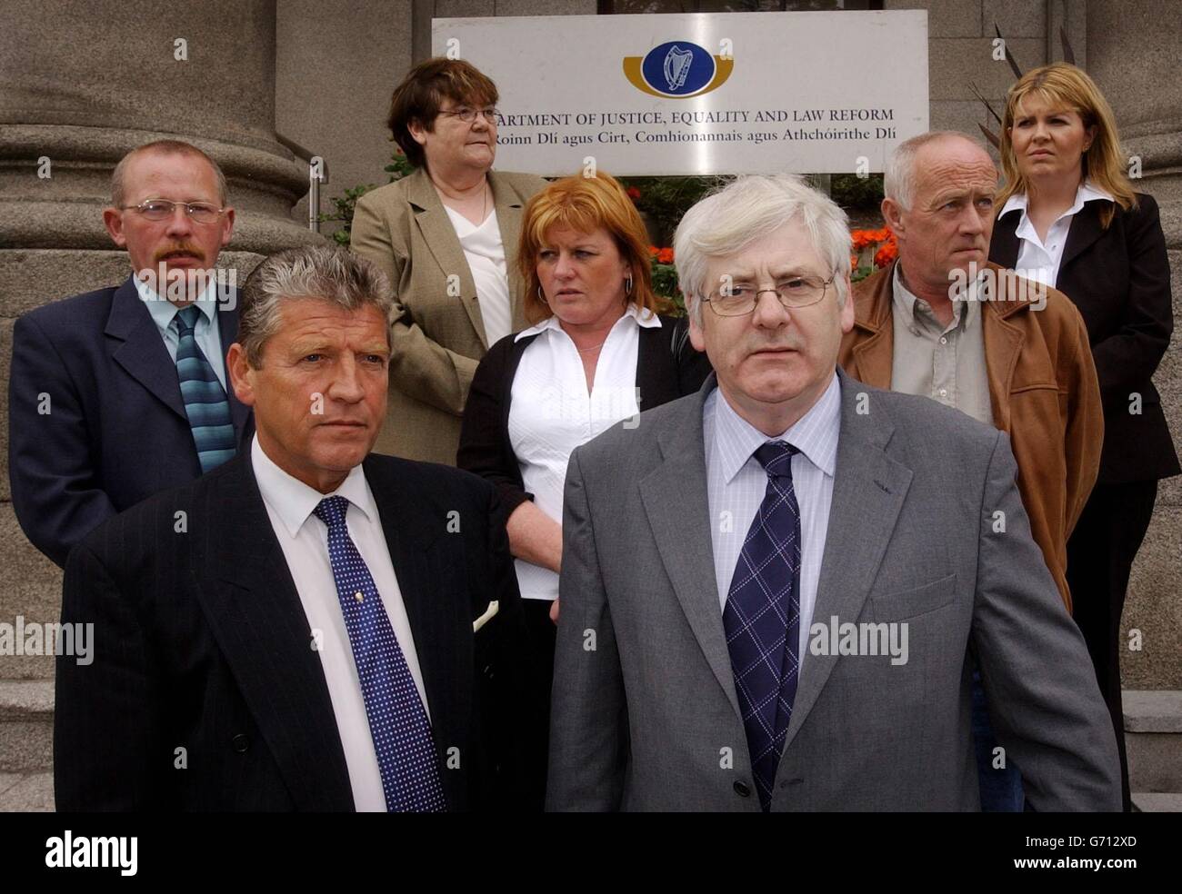 Michael Gallagher (front right), spokesman for the Omagh Support and Self Help Group, with other relatives of victims, after a two-hour meeting with Irish Justice Minister Michael McDowell in Dublin, about the ongoing investigation into the bombing in which 29 people died in 1998. Relatives claimed Mr McDowell admitted that certain men linked to the atrocity had never been quizzed by detectives and said they were left disappointed with the information offered to them. Stock Photo