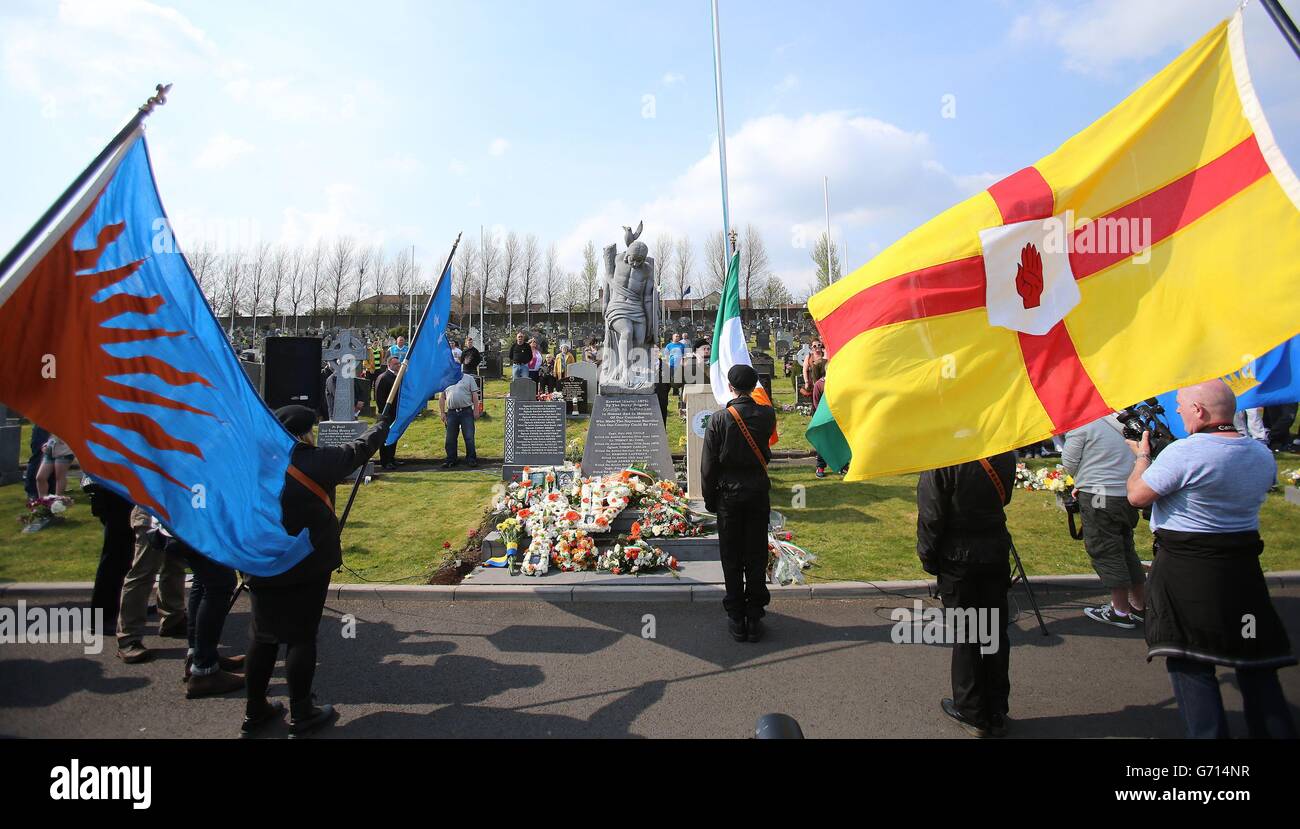 Members of the 32 County Sovereignty Movement (32CSM), gather at the City Cemetery in Londonderry, to commemorate the Easter Rising also known as the Easter Rebellion, an armed insurrection staged in Ireland during Easter Week, 1916. Stock Photo