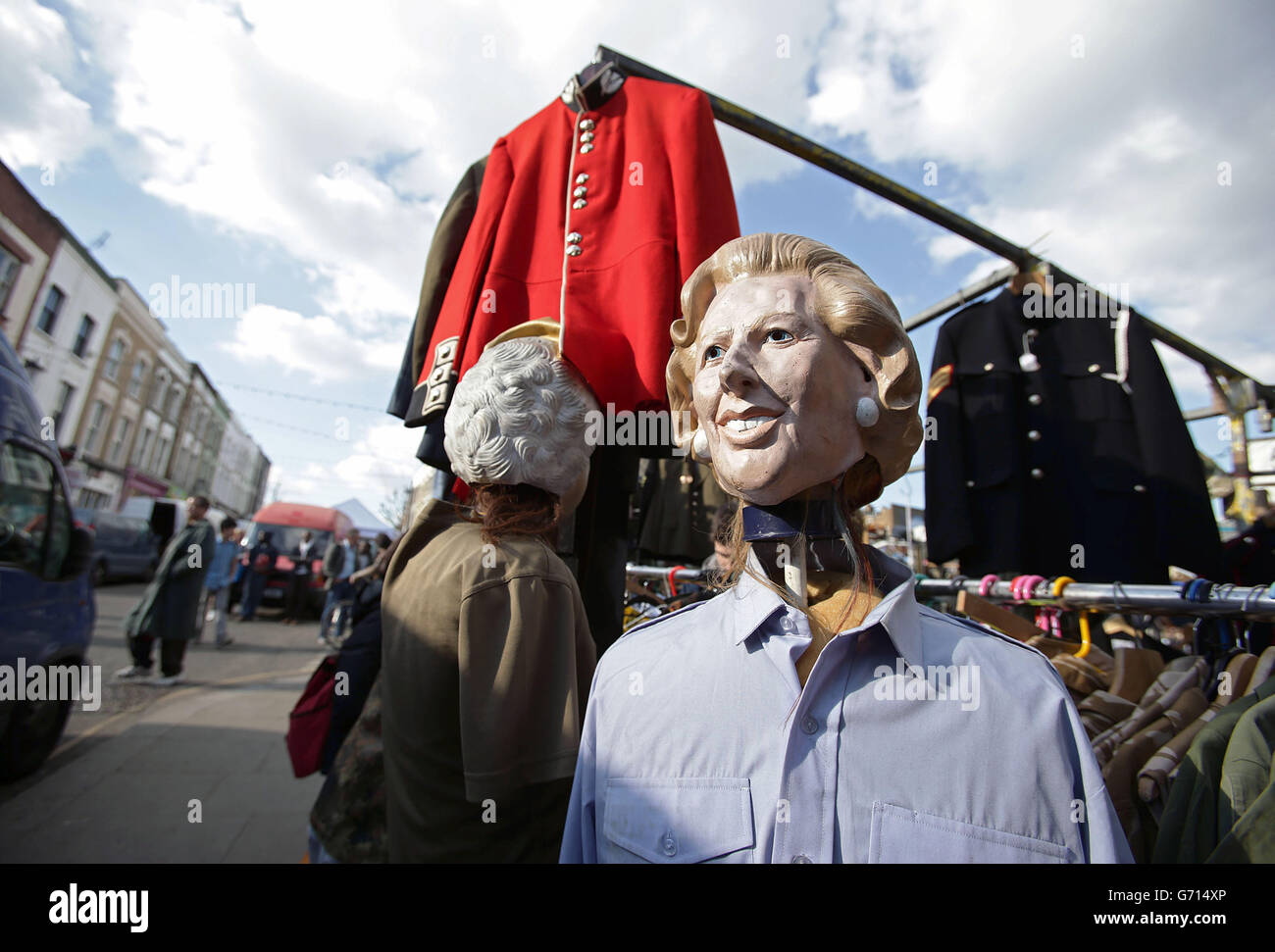 A Margaret Thatcher mask displayed on a stall at Acklam Village Market on Portobello Road, Notting Hill, London. Stock Photo