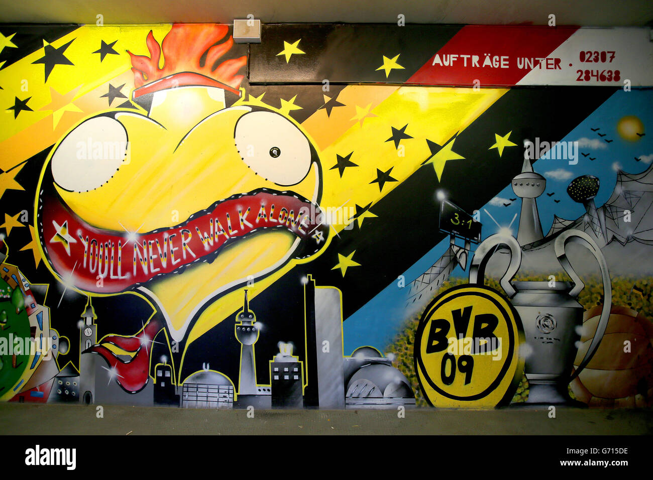General view of a mural at the Signal Iduna Park, home to Borussia Dortmund Stock Photo
