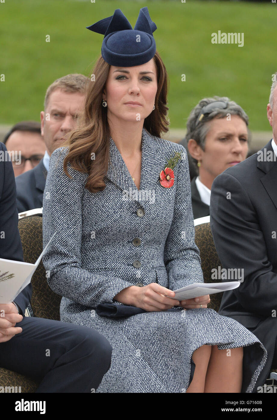 The Duke and Duchess of Cambridge attend the ANZAC March and Commemorative Service and lay a wreath before planting a 'Lone Pine' tree in the Memorial Garden in Canberra during the eighteenth day of their official tour to New Zealand and Australia. Stock Photo