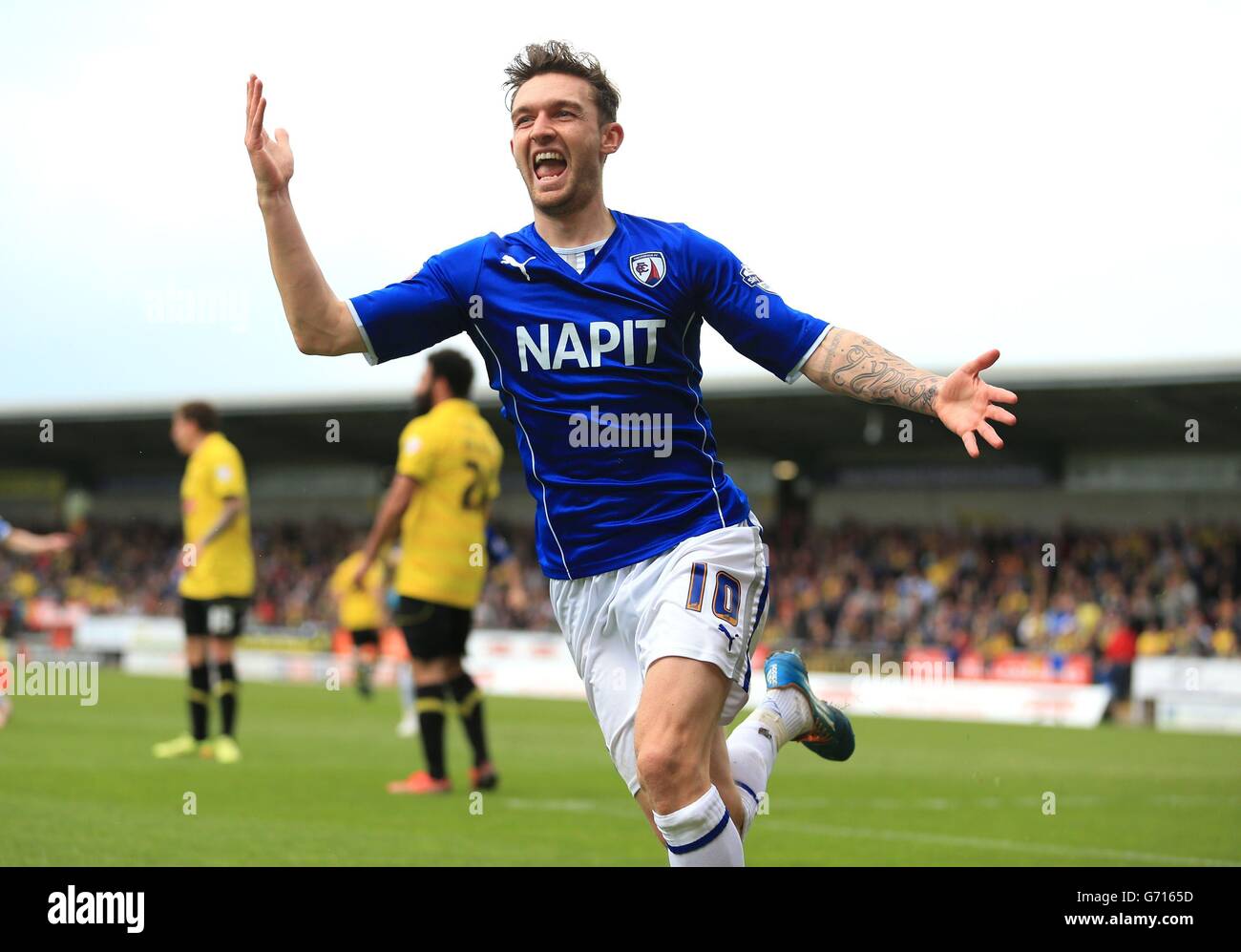 Chesterfield's Jay O'Shea celebrates scoring the first goal during the Sky Bet League Two match at the Pirelli Stadium, Burton Upon Trent. Stock Photo