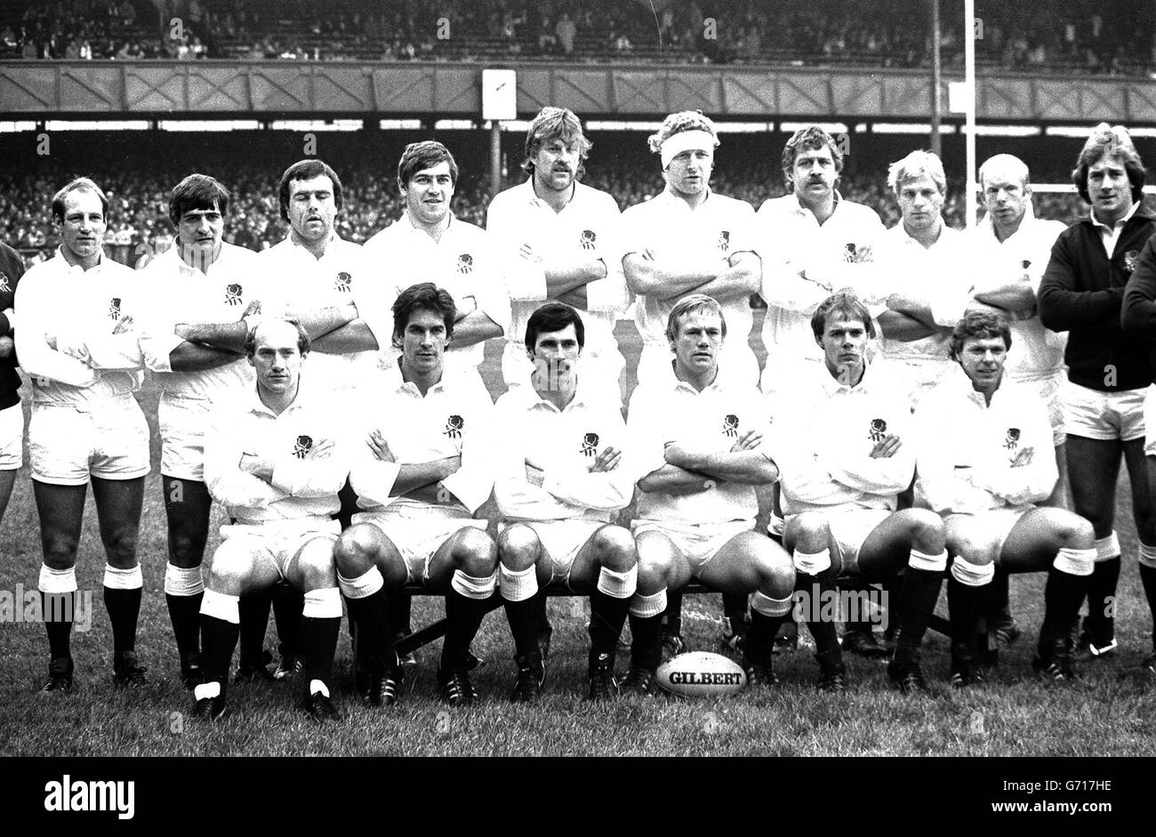 The victorious England Rugby XV who registered an historic 15-9 victory over New Zealand All Blacks at Twickenham - the first time since 1936. Standing (l-r): William Henry 'Dusty' Hare, Nicholas Gerald Youngs, Gary Stephen Pearce, Paul Donald Simpson, Stephen Bainbridge, Maurice John Colclough, John Philip Scott, Peter James Winterbottom, Colin White and Nick Stringer. Seated (l-r): Leslie Cusworth, Paul William Dodge, Michael Anthony Slemen, Peter John Wheeler, Clive Woodward and John Carleton. Stock Photo