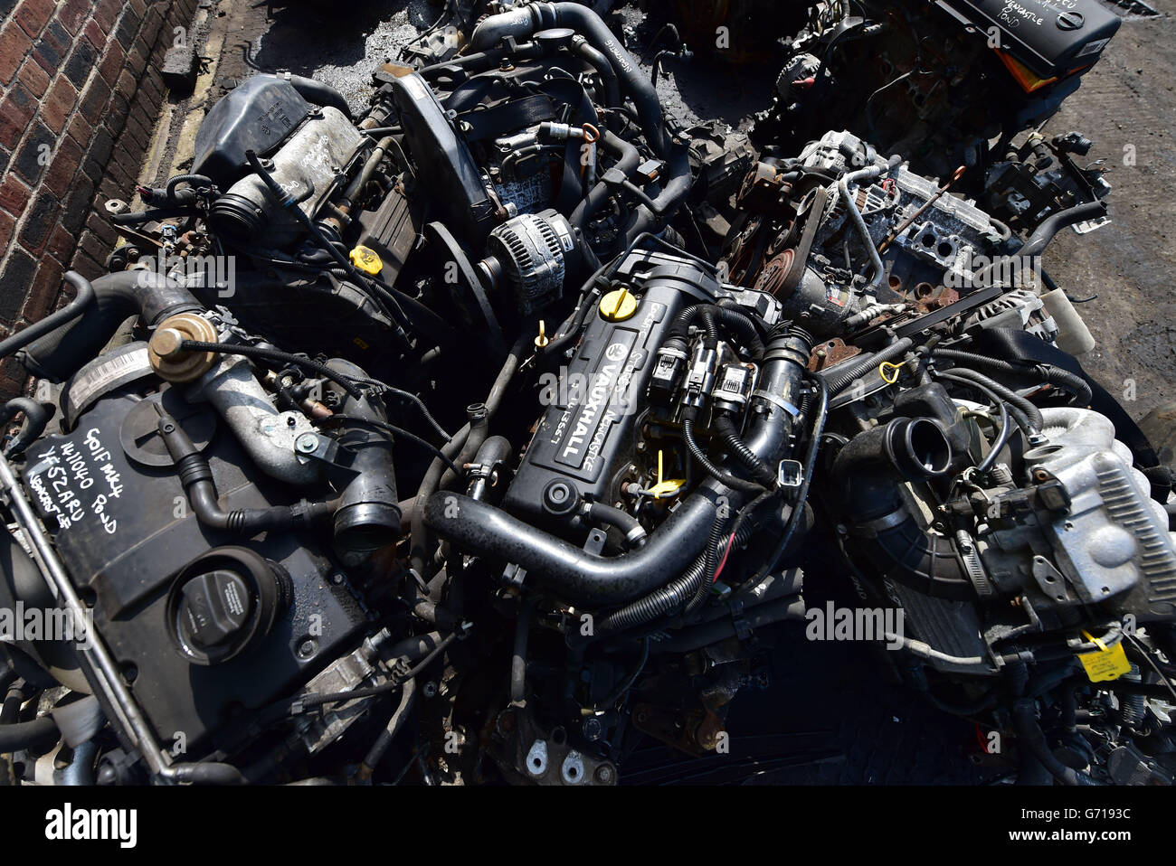 A view of engines at the UK's largest car dismantlers, Motor Hog in North Shields, Tyneside, which has bought specialist dismantling and de-polluting equipment capable of handling over 200 vehicles per day and crushing hundreds of thousands a year. Stock Photo