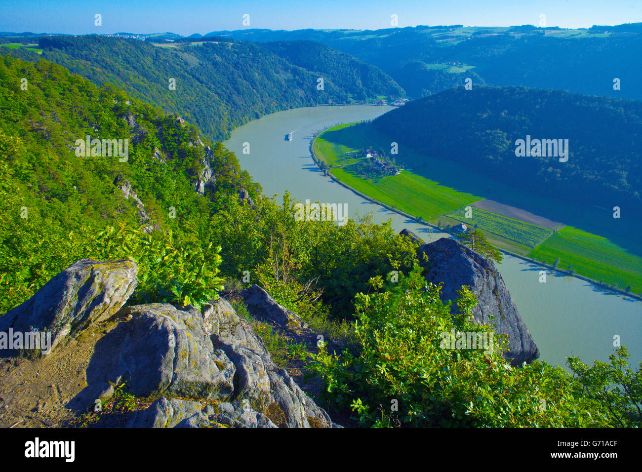 Schlogen sinuosity of river Danube, view from Steinerner Felsen near Mannsdorf, Upper Austria, Austria / Schlögener Schleife Stock Photo