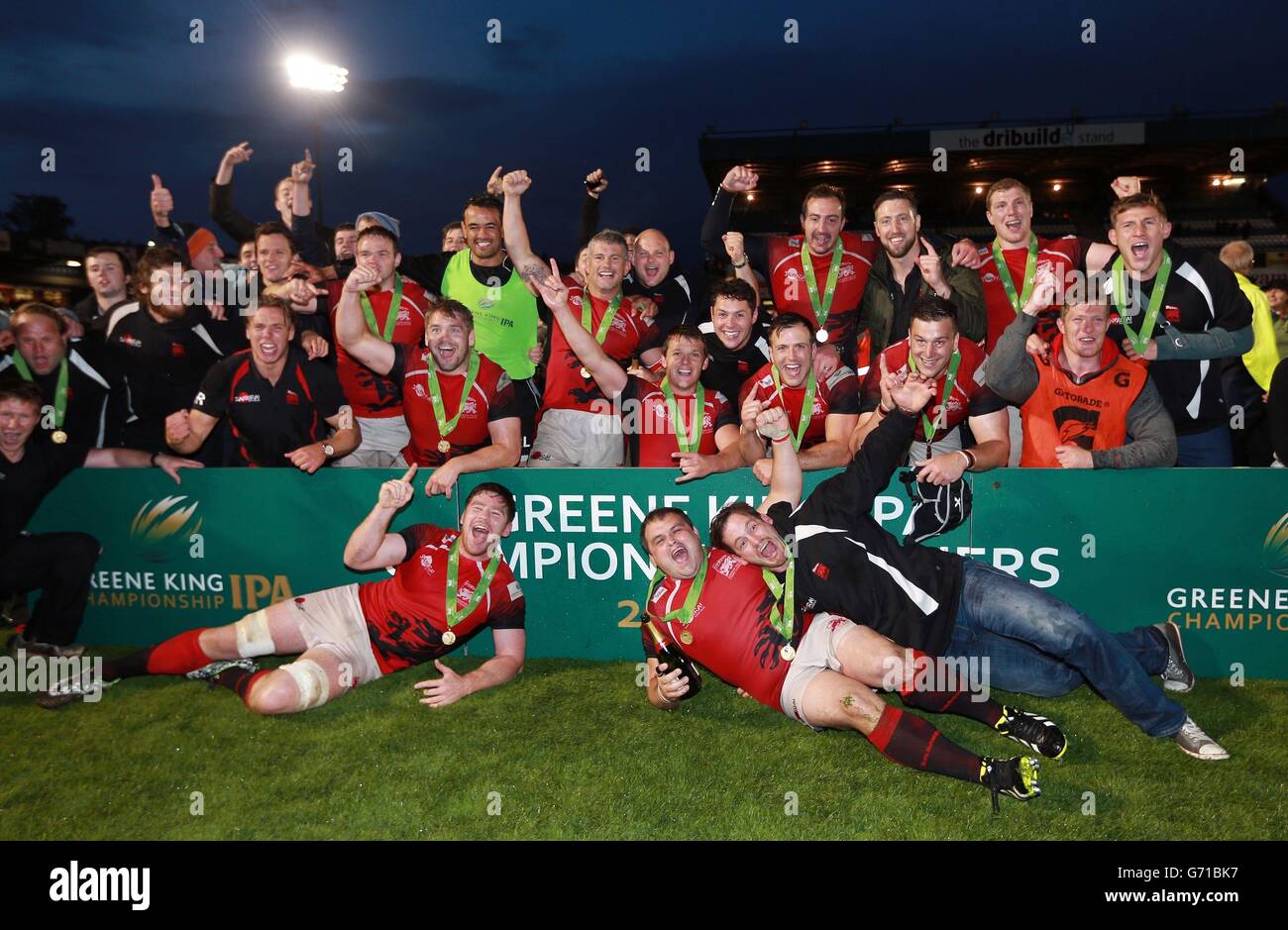 Rugby Union - Greene King IPA Championship Final - Second Leg - Bristol v London Welsh - Memorial Stadium. London Welsh celebrate their victory in the Greene King IPA Championship Final, Second Leg at the Memorial Stadium, Bristol. Stock Photo