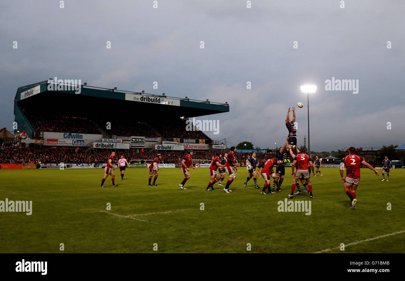 Bristol win a lineout as the play at the Memorial Stadium for the last time during the Greene King IPA Championship Final, Second Leg at the Memorial Stadium, Bristol. Stock Photo
