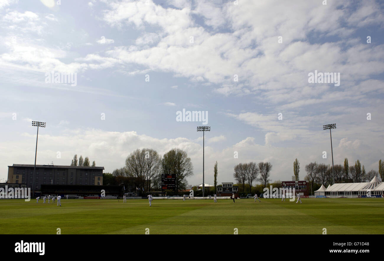 Despite earlier going off for bad light the sun shines over the LV County Championship, Division Two match at The 3aaa County Ground, Derby. Stock Photo