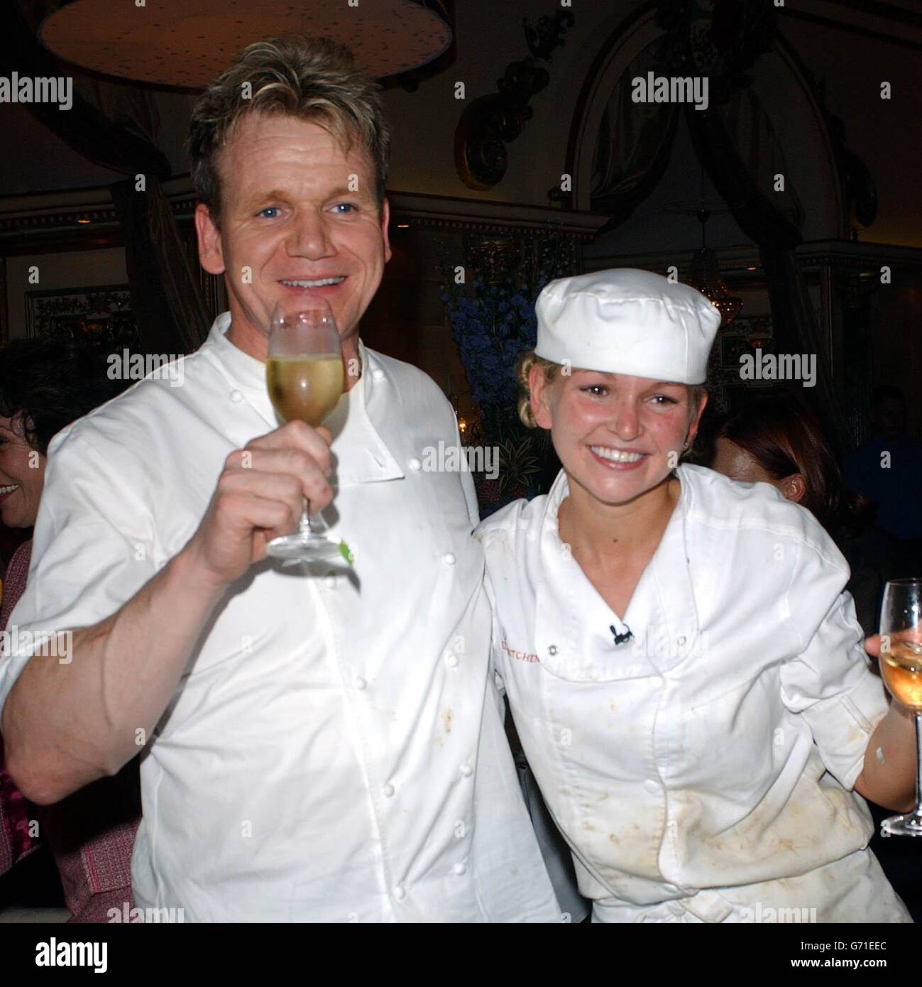 The winner of Hell's Kitchen Jennifer Ellison with Gordon Ramsay at his