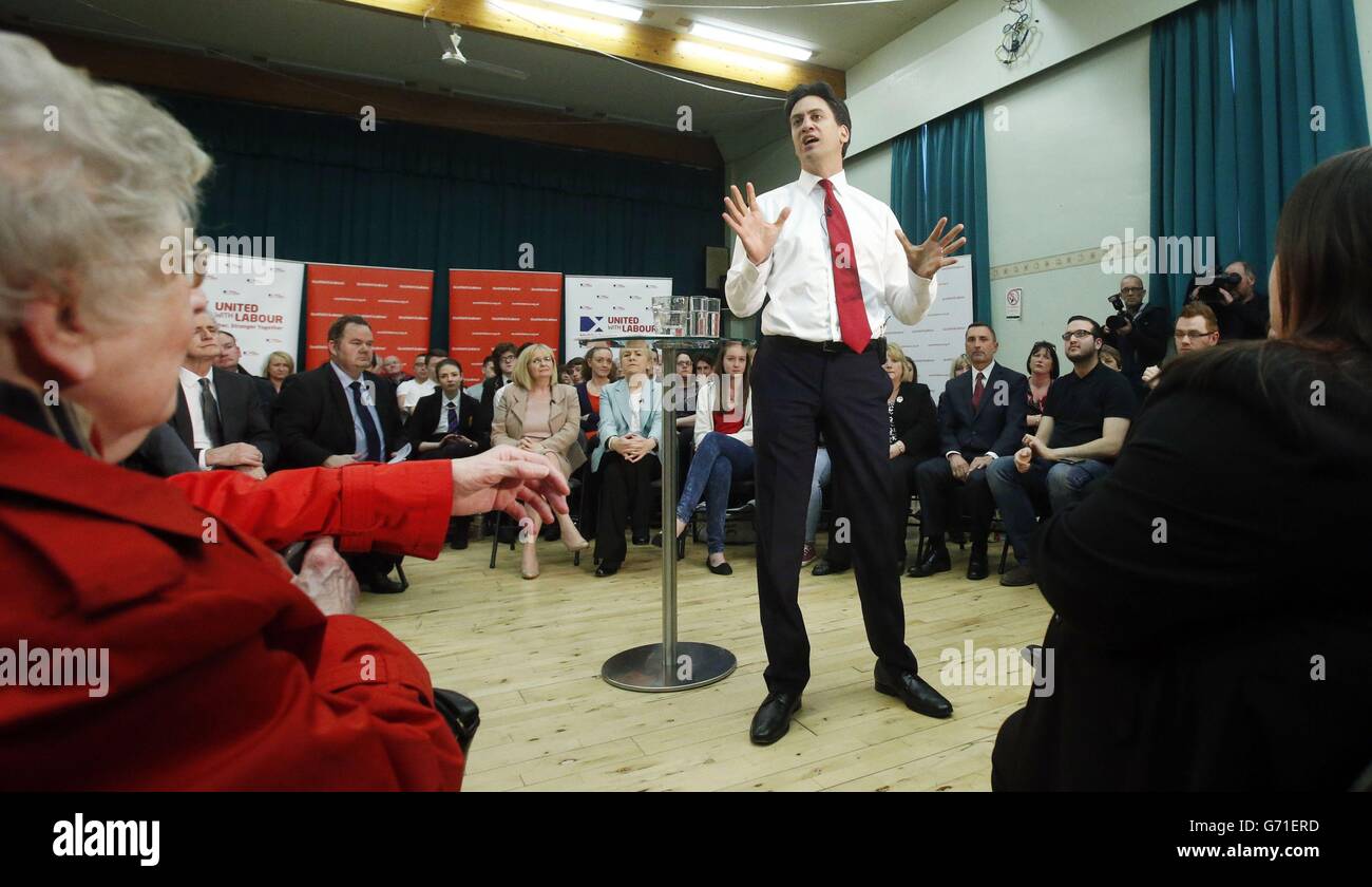 Labour Leader Ed Miliband during a public meeting with local community activists and undecided voters at the Isa Money Centre in Motherwell, Scotland. Stock Photo