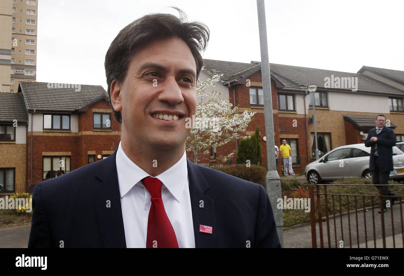 Labour Leader Ed Miliband arrives at Isa Money Centre in Motherwell, Scotland, ahead of a public meeting with local community activists and undecided voters at the Isa Money Centre in Motherwell, Scotland. Stock Photo