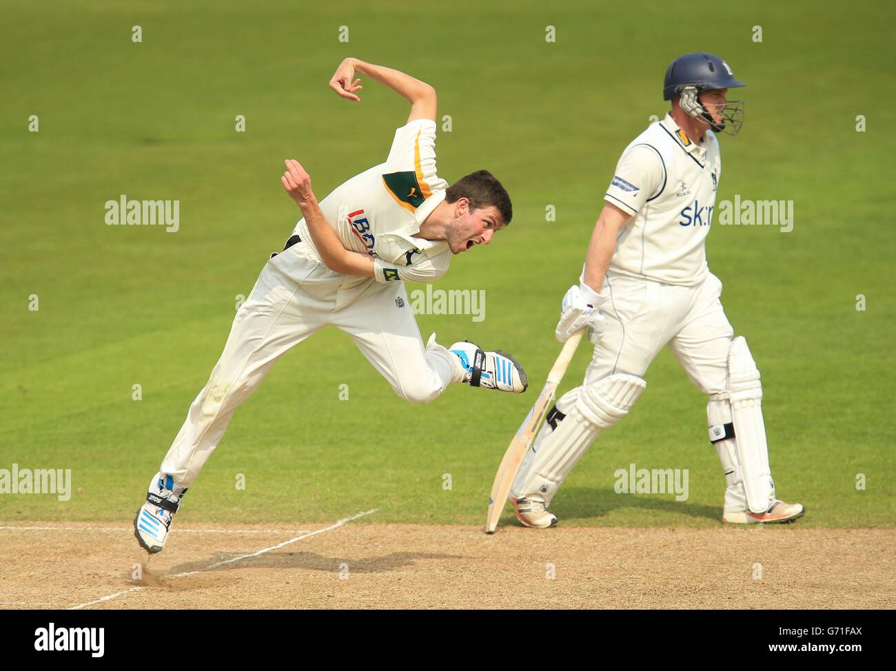Nottinghamshire's Harry Gurney bowls at Warwickshire's Keith Barker during day two of the LV= County Championship, Division One match at Trent Bridge, Nottingham. Stock Photo