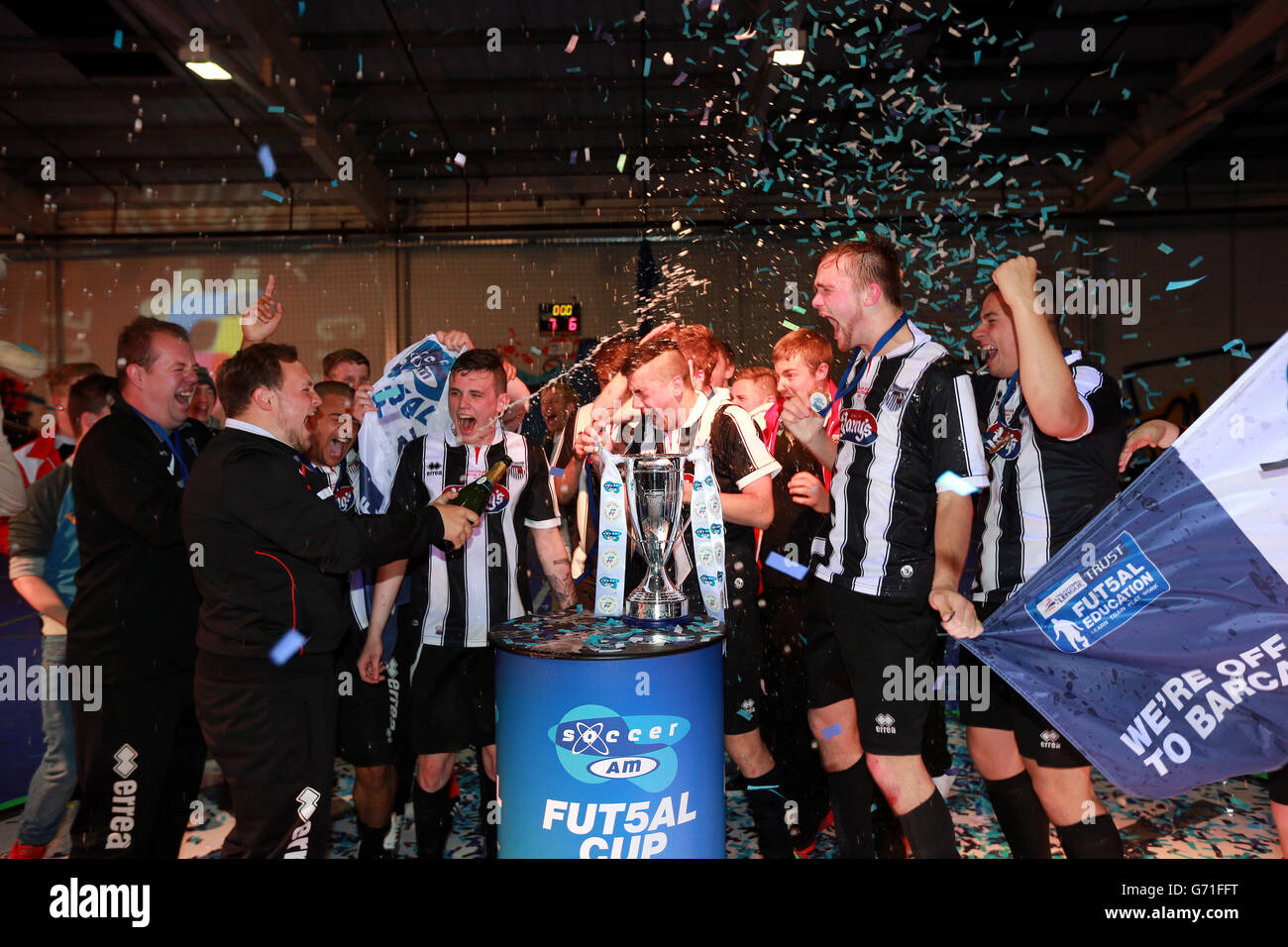 Grimsby Town celebrate winning the Soccer AM Futsal Final Stock Photo