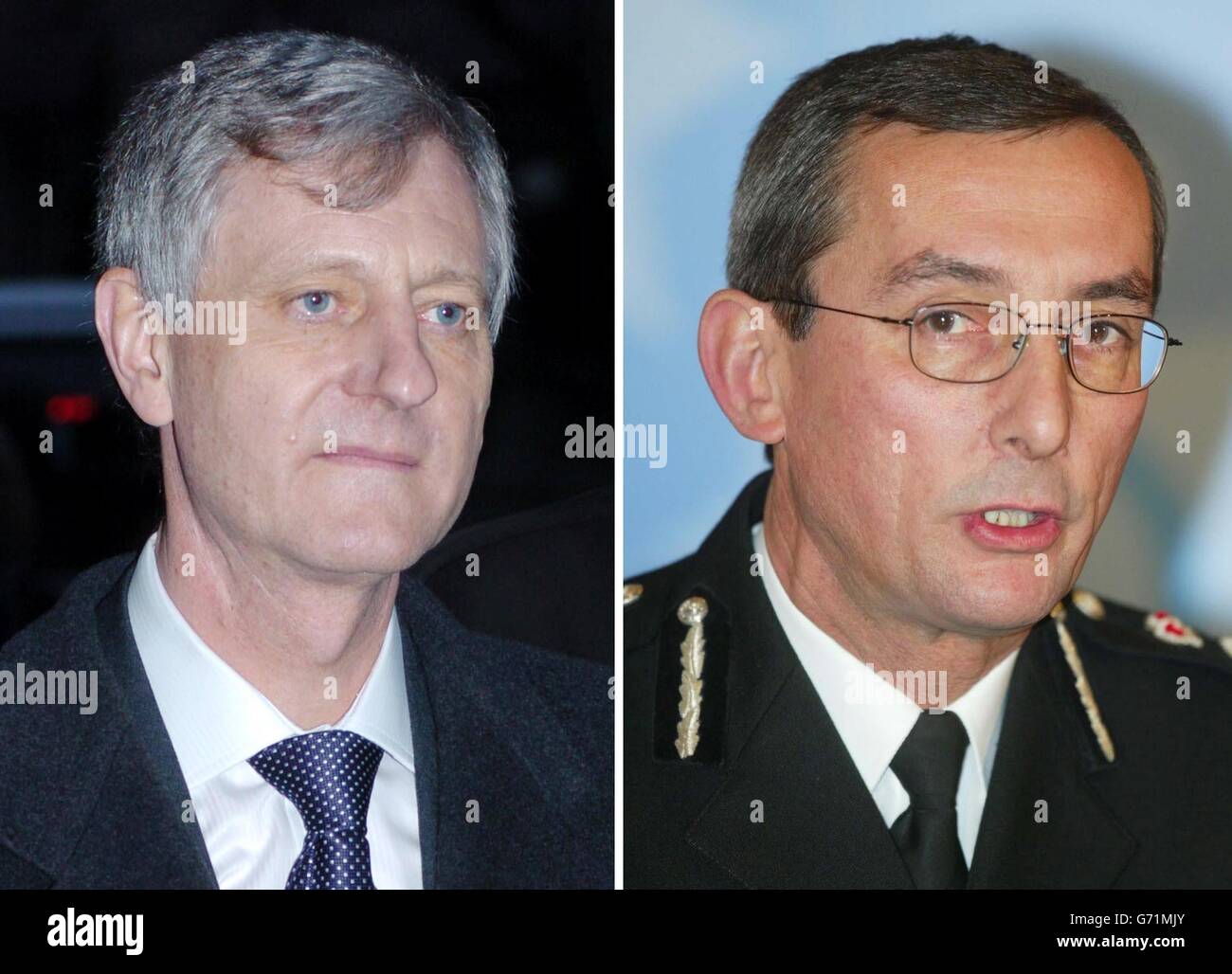 Composite image of Humberside Chief Constable David Westwood (left) and Cambridgeshire Chief Constable Tom Lloyd, who both faced mounting pressure, as their forces faced a scathing attack on how they let Soham killer Ian Huntley slip through the net. Sir Michael Bichard was expected to pull no punches and single out individuals for criticism when his report in to the flawed handling of Huntley was published today. Stock Photo