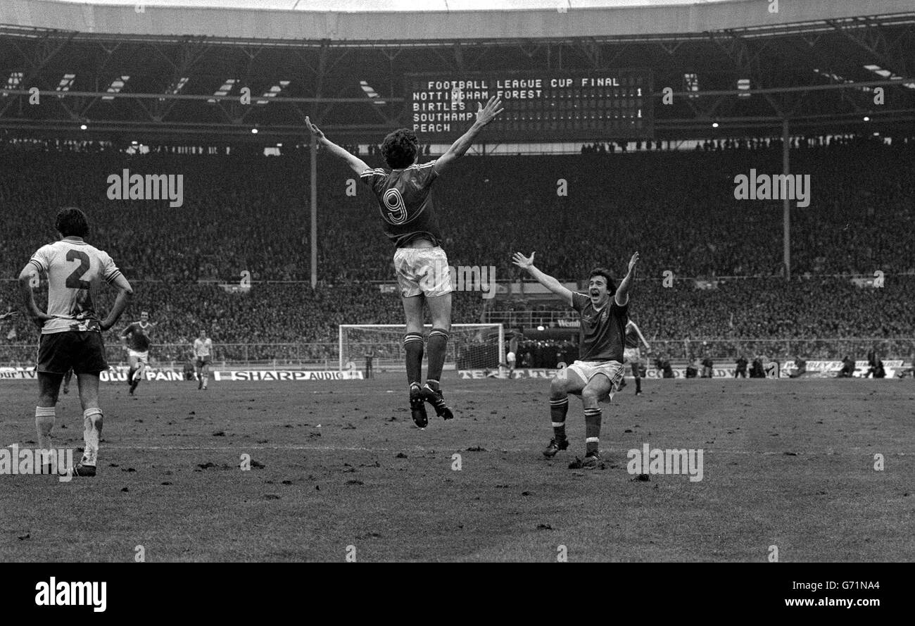 Southampton goalkeeper Terry Gennoe dives but can do little to stop Garry Birtles scoring for Nottingham Forest during the Football League Cup final at Wembley. Forest went on to retain the trophy with a 3-2 victory. Stock Photo