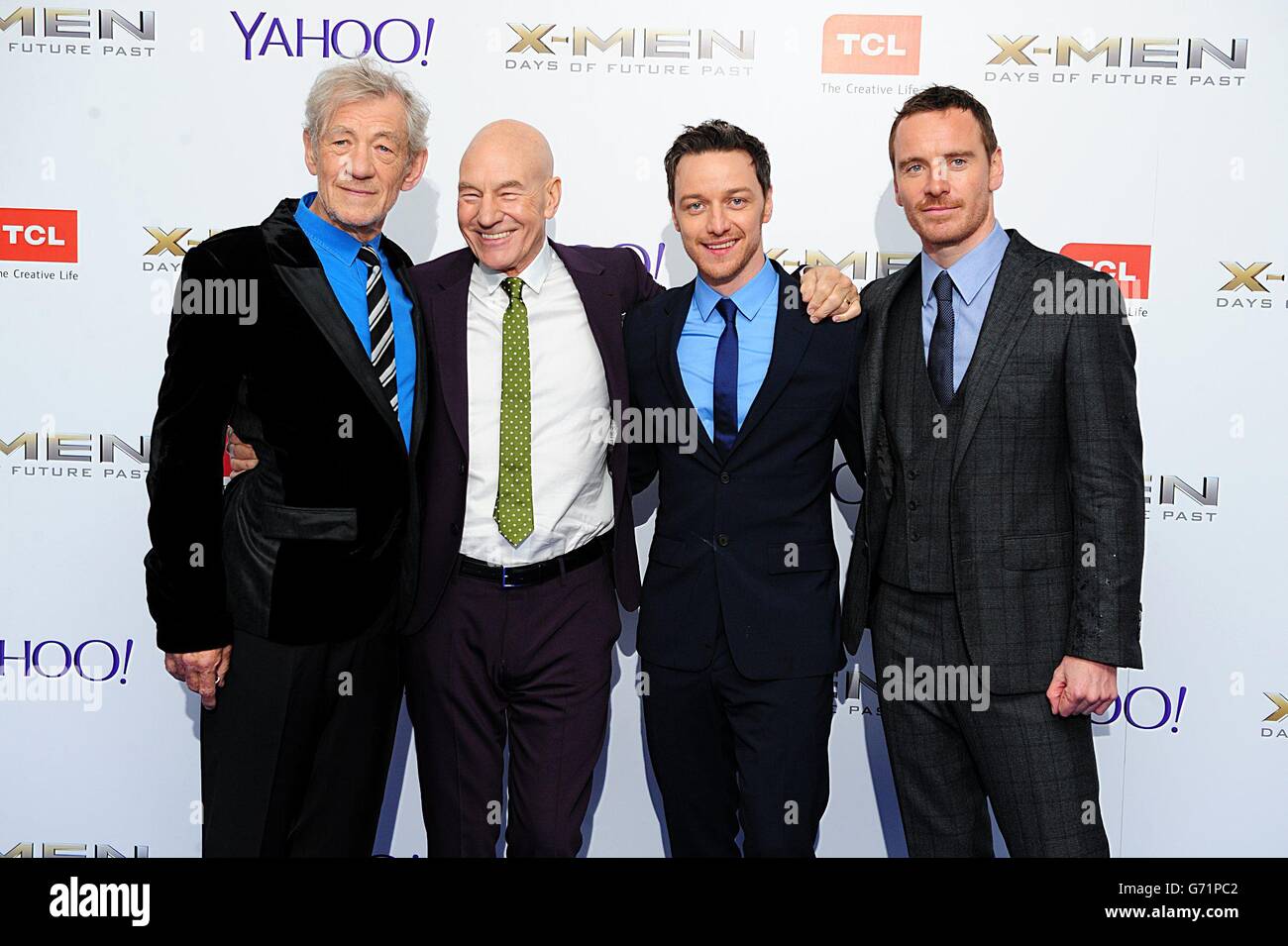 Left to Right) Sir Ian McKellen, Patrick Stewart, James McAvoy and Michael  Fassbender arriving at the X-Men Days of Future Past UK premiere, at The  West End Odeon, Leicester Square, London Stock, image size:1300x955