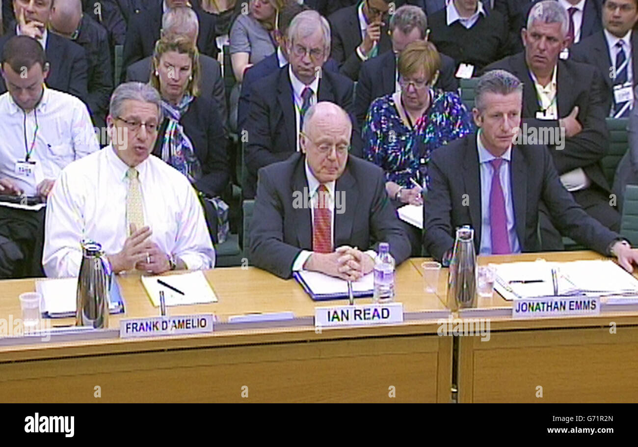 (left to right) Frank D'Amelio, Executive Vice President, Business Operations and Chief Financial Officer, Ian Read, Chairman and Chief Executive and Jonathan Emms, UK Managing Director, all of Pfizer Inc, give evidence to the Commons Business, Innovation and Skills Committee, at the House of Commons, London. Stock Photo