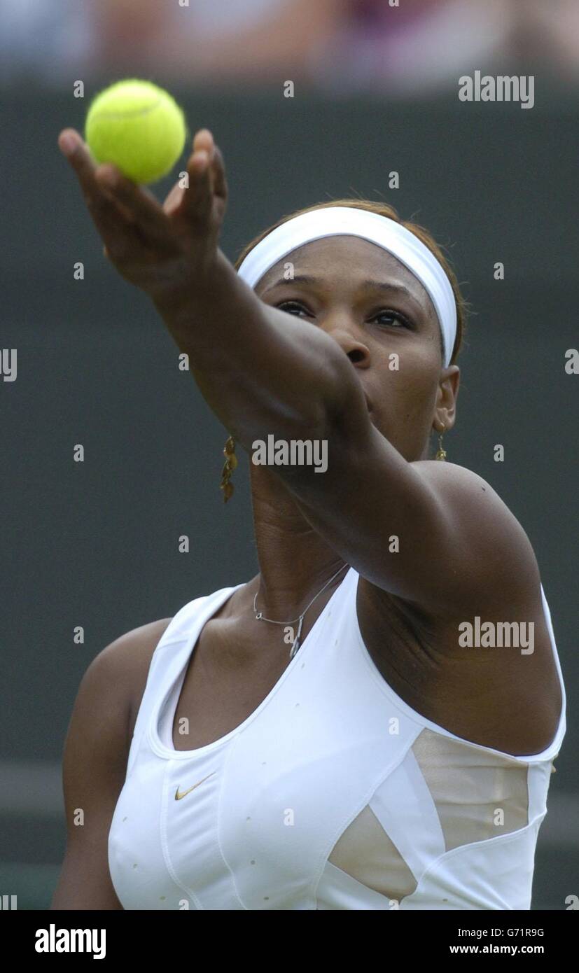 Defending champion Serena Williams in action before defeating Stephanie Mortez from Spain in straight sets 6:0/6:4 at The Lawn Tennis Championships in Wimbledon, London. EDITORIAL USE ONLY, NO MOBILE PHONE USE. Stock Photo