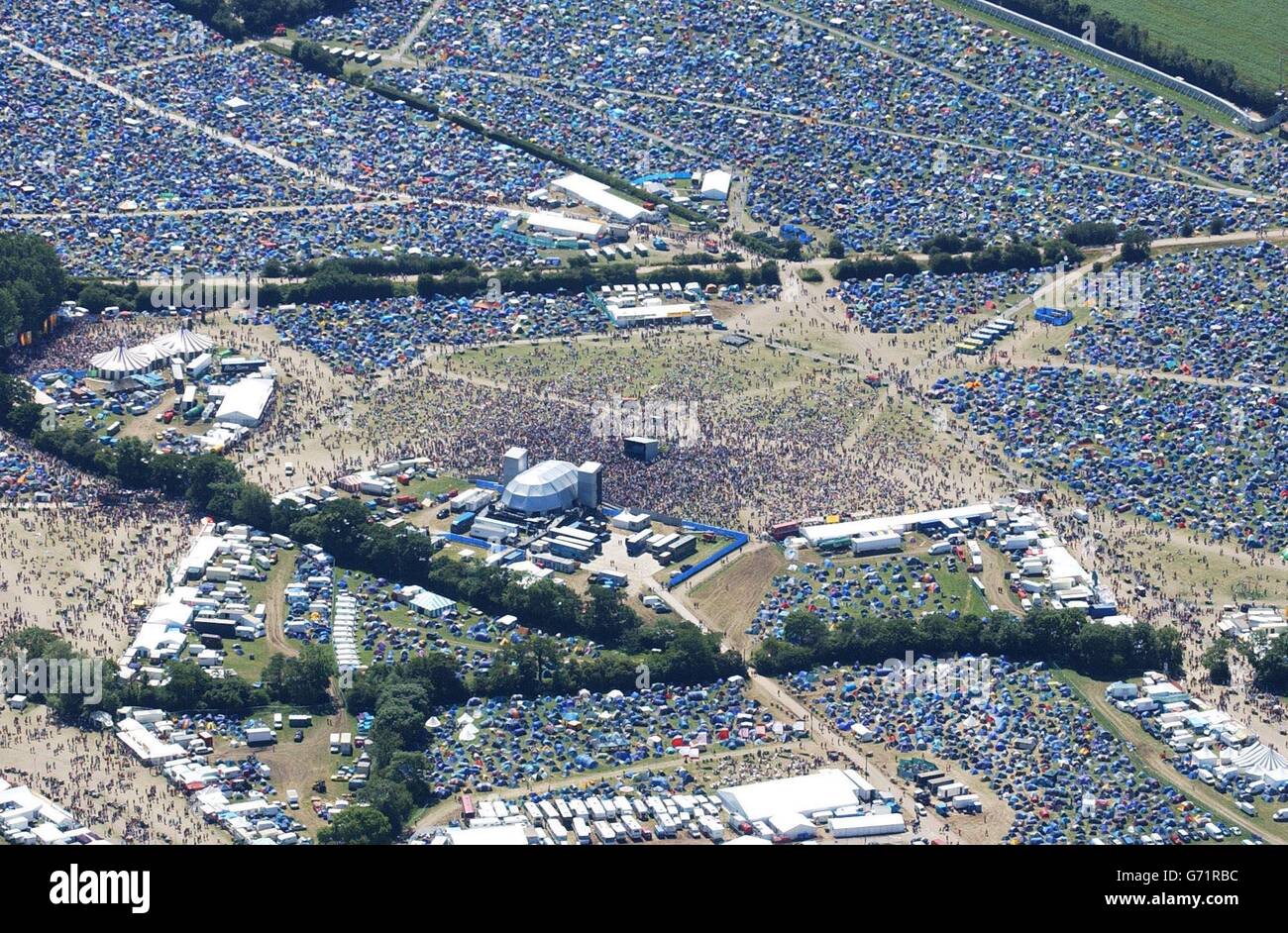 Aeriel view of thousands of music lovers, at this year's Glastonbury Festival on the Worthy Farm site at Pilton. Stock Photo