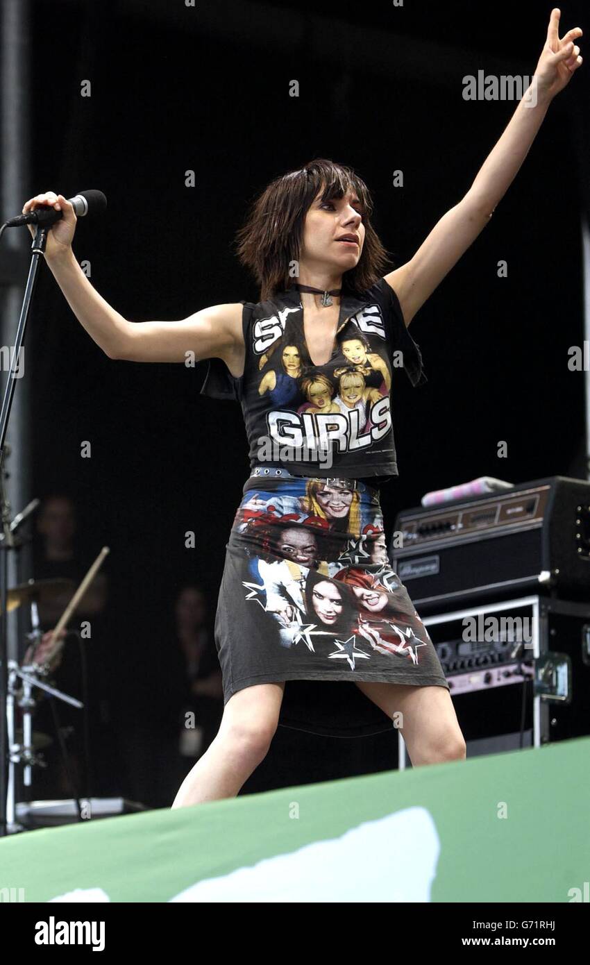 Singer pj harvey performs live on pyramid stage glastonbury festival hi