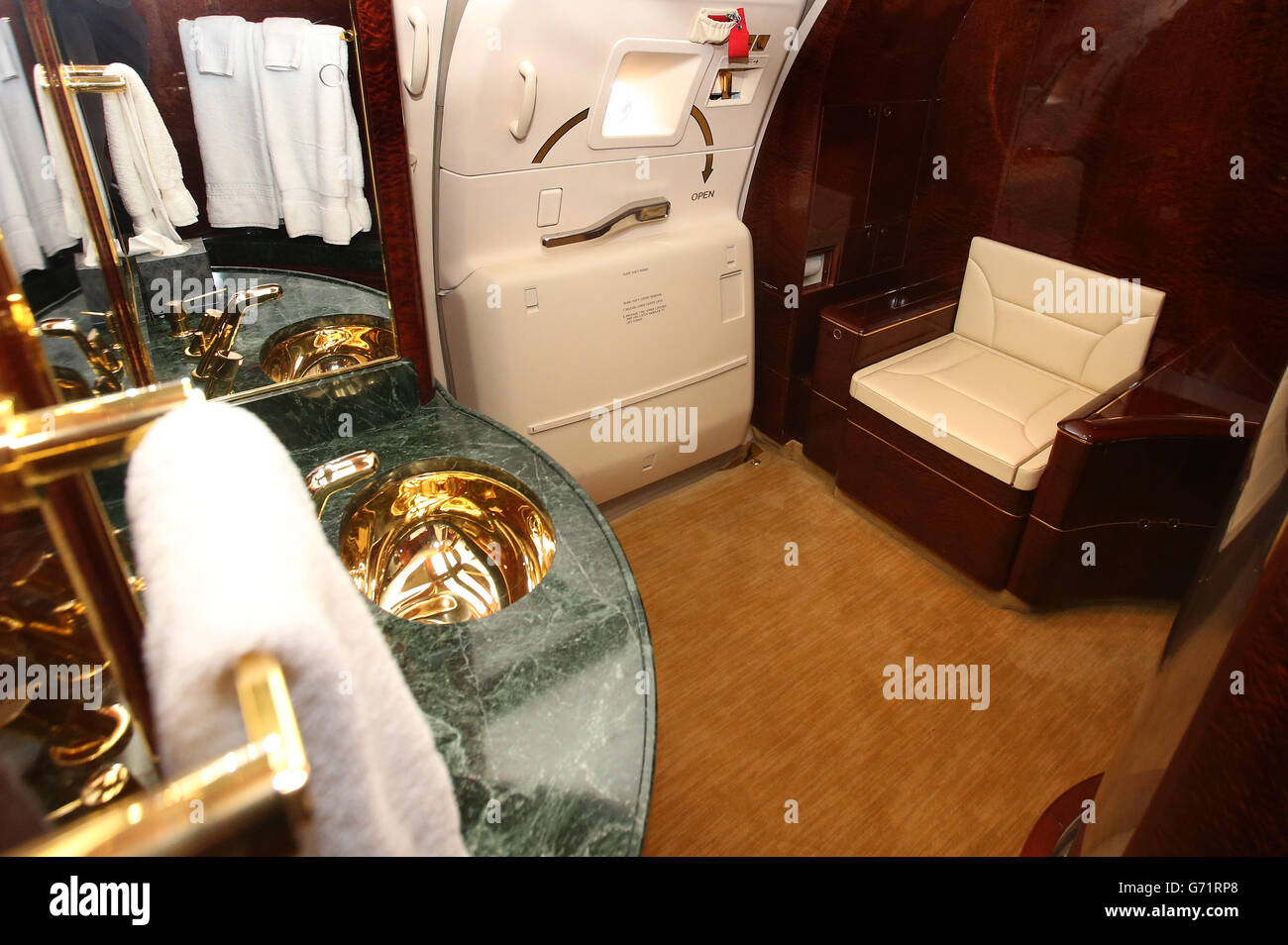 The ensuite of American tycoon Donald Trump's private jet. Stock Photo