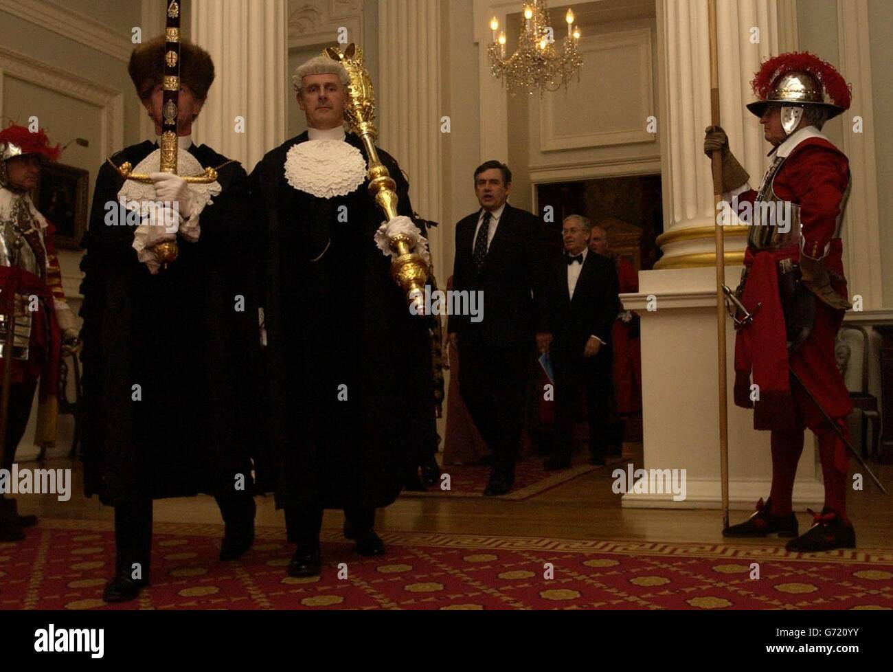 British Chancellor Gordon Brown accompanies the Lord Mayor of London, Alderman Robert Finch, into the Lord Mayor's dinner to the Bankers and Merchants of the City of London. The Chancellor is delivering one of the key economic speeches of his year, against a background of anxiety over a possible housing market crash, predictions of rising interest rates and electoral jitters among Labour MPs. Stock Photo
