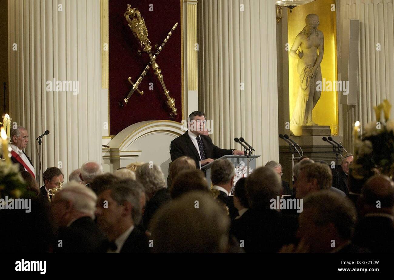 British Chancellor Gordon Brown speaks at the Lord Mayor's dinner to the Bankers and Merchants of the City of London. This is one of the key economic speeches of his year and comes against a background of anxiety over a possible housing market crash, predictions of rising interest rates and electoral jitters among Labour MPs. Stock Photo