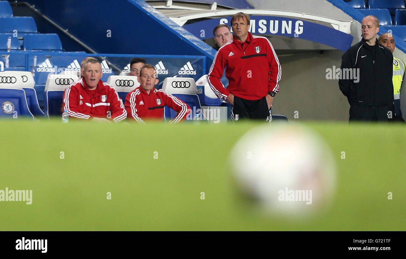 Fulham Youth Team Coach Steve Wigley and his bench look on during the FA Youth Cup Final, Second Leg match at Stamford Bridge, London. PRESS ASSOCIATION Photo. Picture date: Monday May 5, 2014. See PA story SOCCER Palace. Photo credit should read: Stephen Pond/PA Wire. Stock Photo