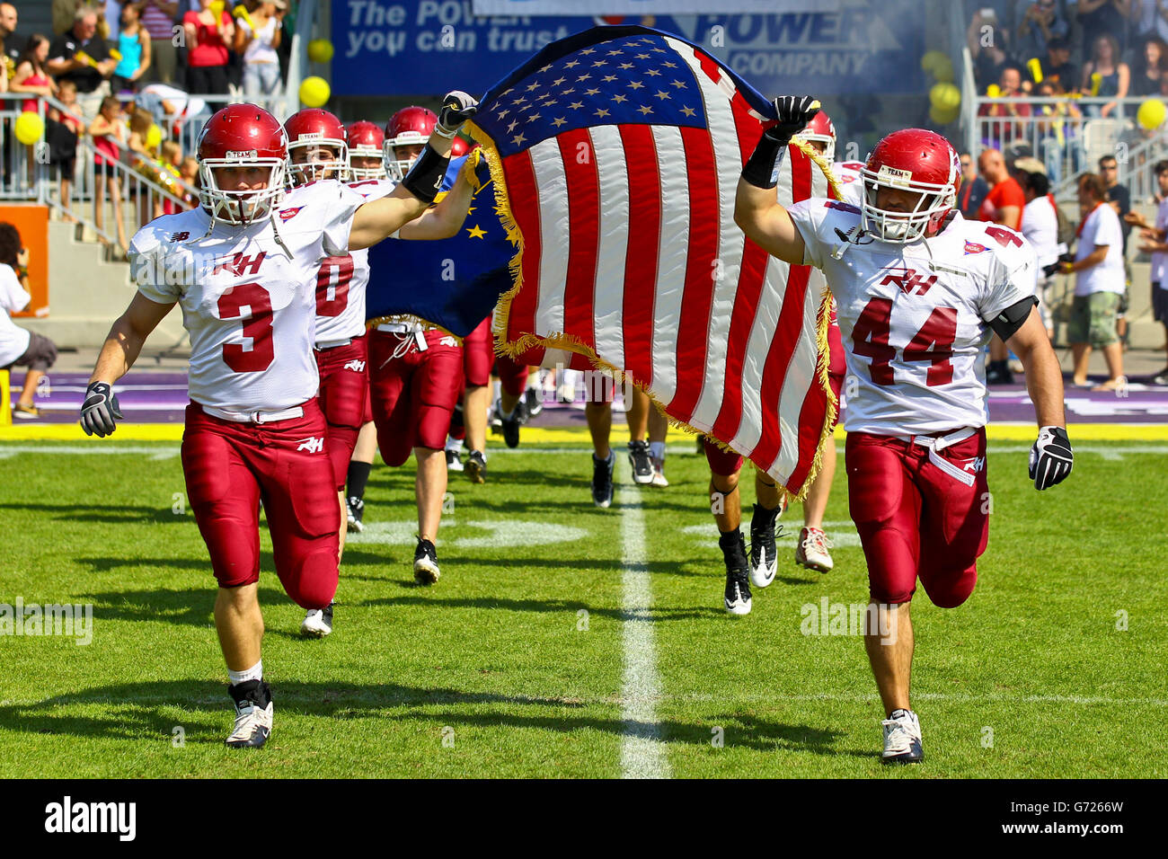 American Football, the Team of Rose Hulman College entering the Hohe Warte Stadium; Rose Hulman College wins the game against Stock Photo