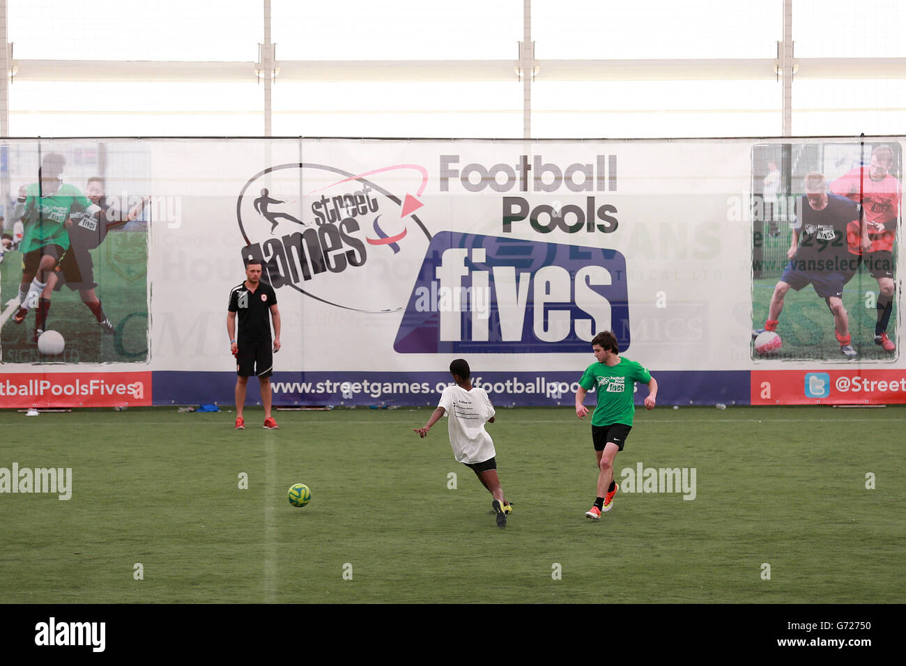 Action from the StreetGames Football Pools Fives at the House of Sport, Cardiff. Stock Photo