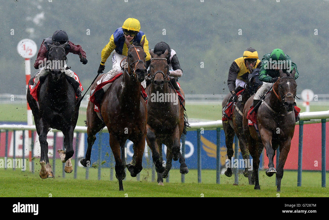 Bear Behind (second Left) ridden by Richard Kingscote, wins The Betfred Scoop6 £15 Million Today Handicap Stakes, during the Betfred Temple Stakes Raceday at Haydock Park Racecourse, Newton-le-Willows. Stock Photo