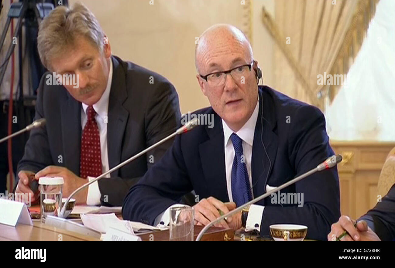 Screengrab taken from pooled video footage of Press Association chief executive Clive Marshall (right) asking Russian President Vladimir Putin for his response to the Prince of Wales's reported comparison of him with Adolf Hitler, at a press conference with the world's leading news agencies in St Petersburg. Stock Photo