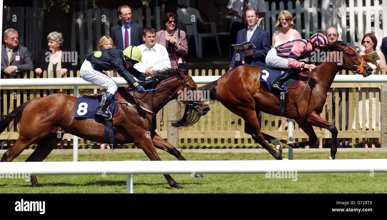 Jewel in the sand wins. Jewel in the sand ridden by Richard Hughes (right) holds off Salsa Brava ridden by Jean Pierre Guillambert to win the 2.20 at Newmarket. Stock Photo