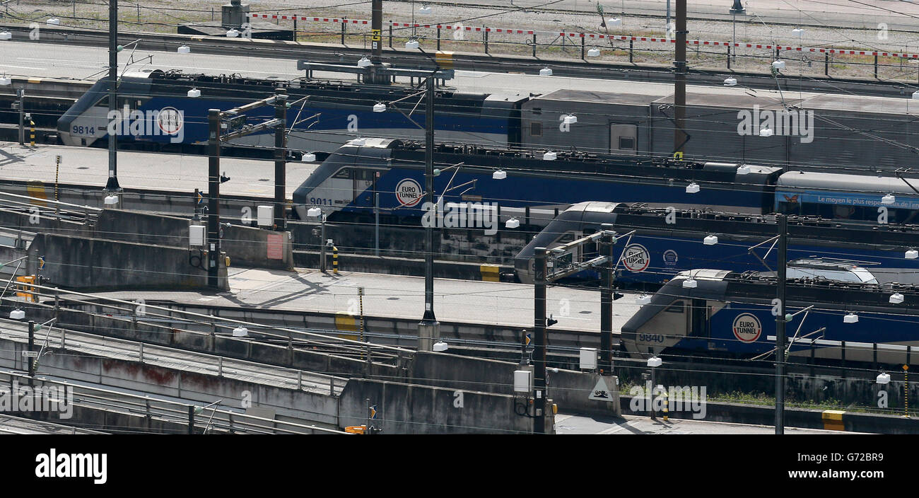 Eurotunnel trains wait at the Eurotunnel site in Folkestone, Kent, on
