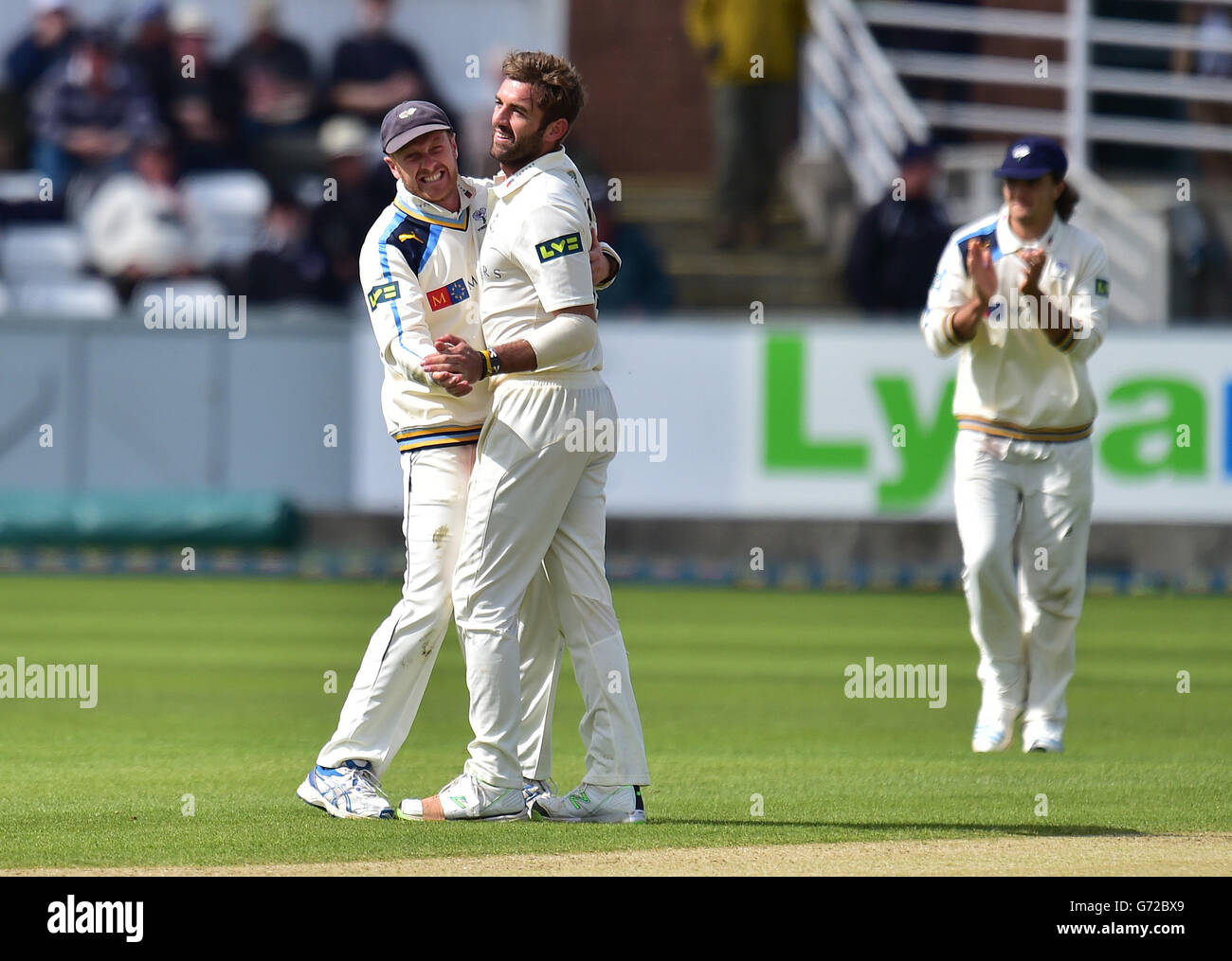 Yorkshire's Liam Plunkett celebrates the wicket of Durham's Mark Stoneman during the LV=County Championship Division One match at the Emirates Durham ICG, Chester-Le-Street. Stock Photo