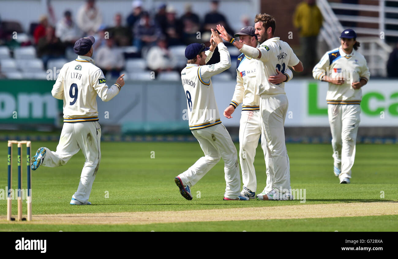 Yorkshire's Liam Plunkett celebrates the wicket of Durham's Mark Stoneman during the LV=County Championship Division One match at the Emirates Durham ICG, Chester-Le-Street. Stock Photo