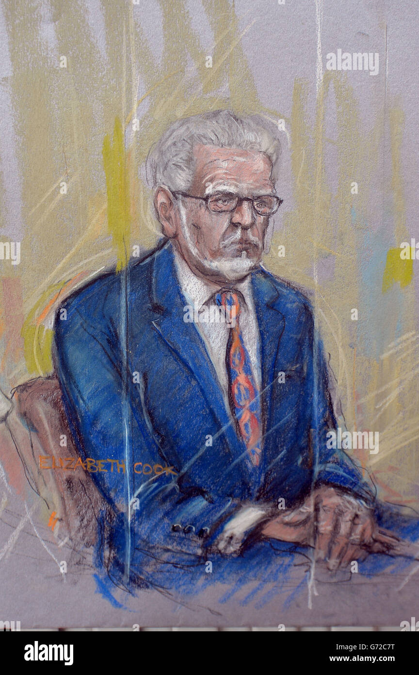 Court artist sketch by Elizabeth Cook of Rolf Harris who appeared at Southwark Crown Court where he pleaded not guilty to 12 charges dating back to the late 1960s, London. Stock Photo