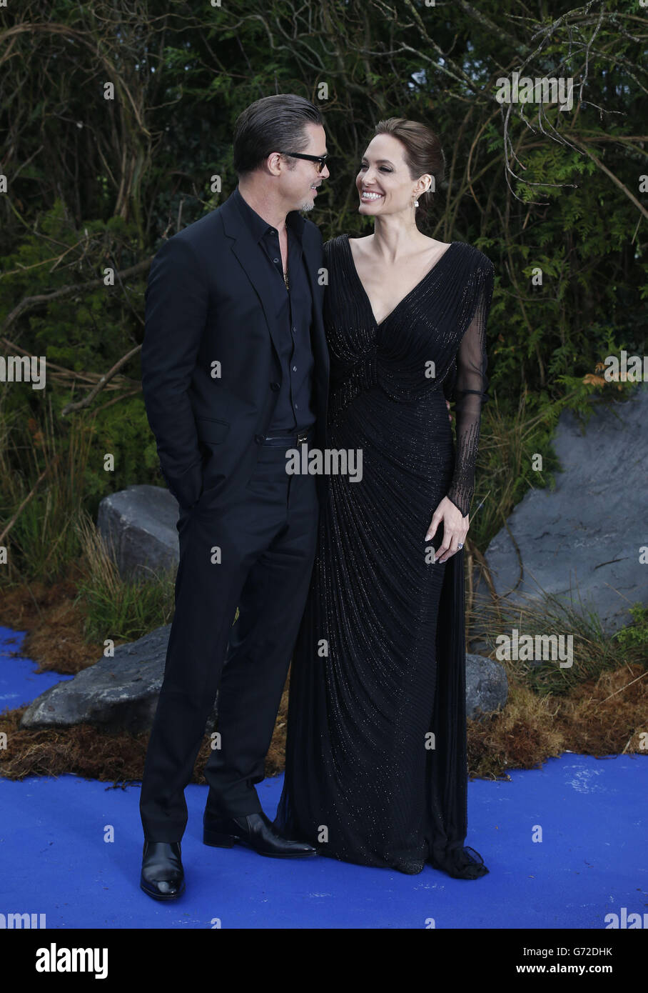 Brad Pitt and Angelina Jolie attending the premiere of Maleficent at Kensington Palace, London. Stock Photo