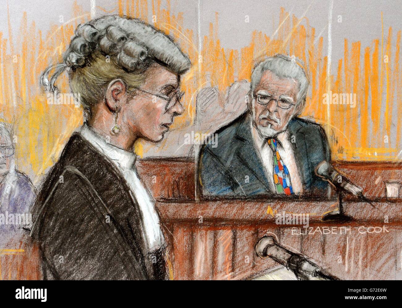 Court artist sketch by Elizabeth Cook of Rolf Harris who appearing at Southwark Crown Court, London where the veteran entertainer escaped punishment for a string of alleged indecent assaults for years because he was 'too famous', a jury has heard. Stock Photo