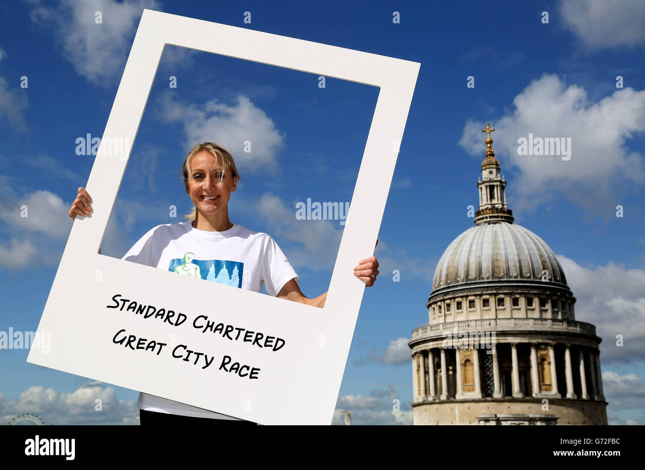 EDITORIAL USE ONLY Paula Radcliffe, who is one of this year's 10th anniversary Standard Chartered Great City Race ambassadors, on the Rooftop Terrace during the race launch at One New Change in London. Stock Photo