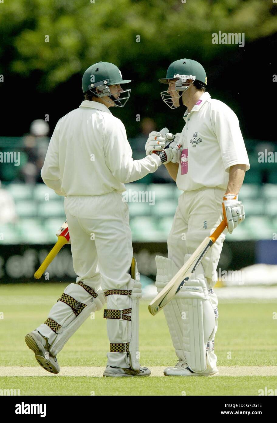 Stephen Peters (left) is congratulated by Stephen Moore (right) on reaching his century having already reached his own century earlier this morning as Worcestershire's opening partnership passes 200 against Surrey in the Frizzell County Championship match at New Road, Worcester. Stock Photo