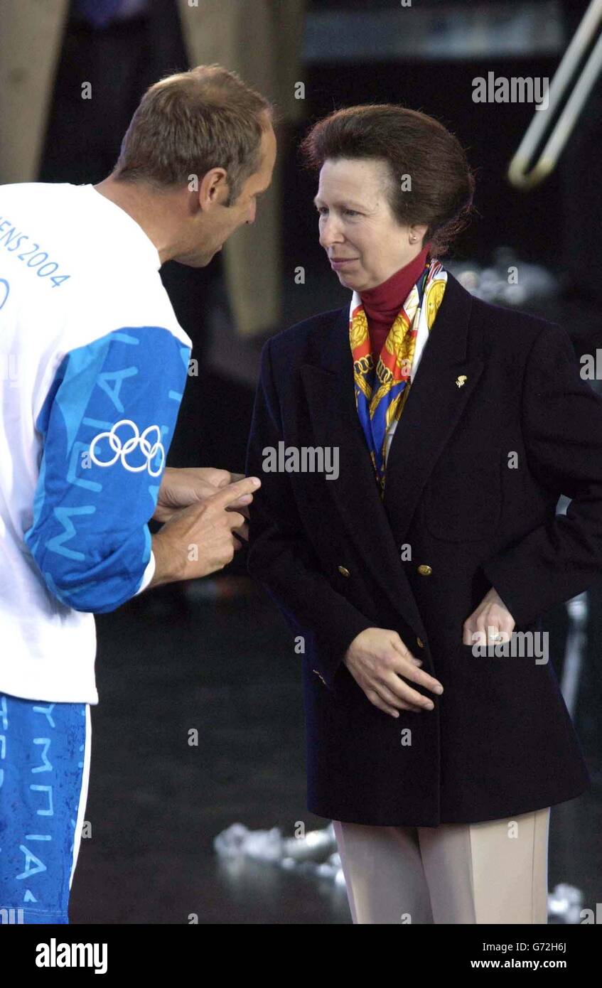 Olympic gold medallist Sir Steven Redgrave meets the Princess Royal on stage at the Olympic Torch Concert in The Mall, central London a free concert organised by Visit London and The Greater London Authority to celebrate the arrival of the Olympic torch in London. Stock Photo