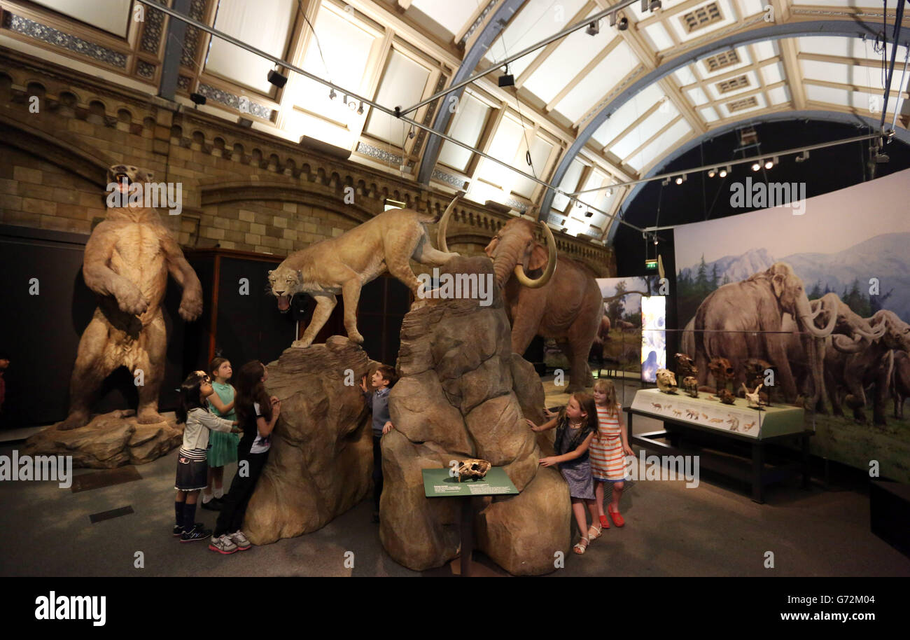 Children look at the Mammoths: Ice Age Giants exhibition at the National History Museum in central London. Stock Photo