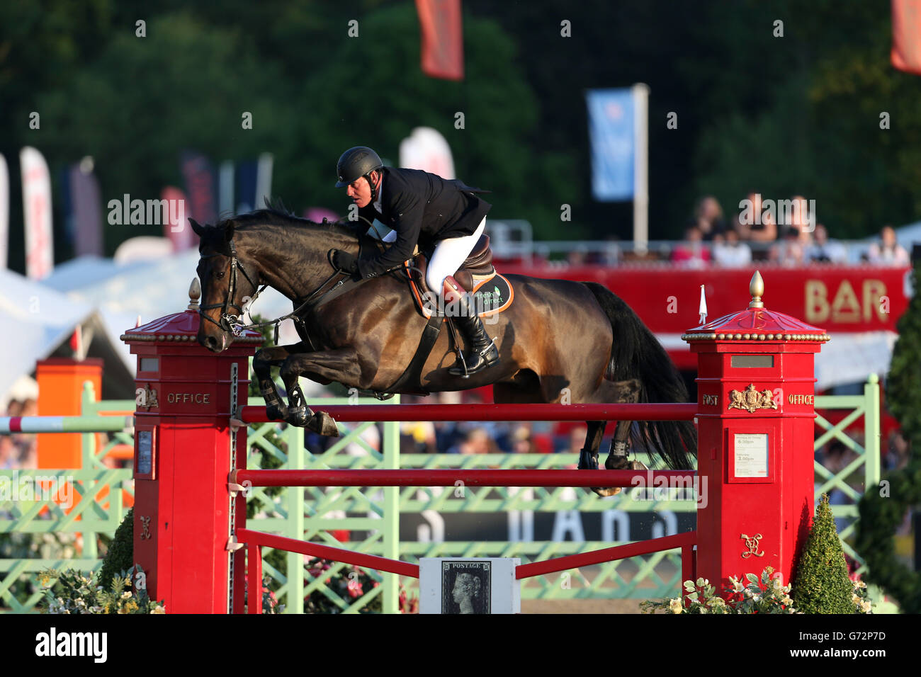 Great Britain's Tim Stockdale riding Fresh Direct Kalico Bay competes in a show jumping class during the Royal Windsor Horse Show at Windsor Castle, London. Stock Photo