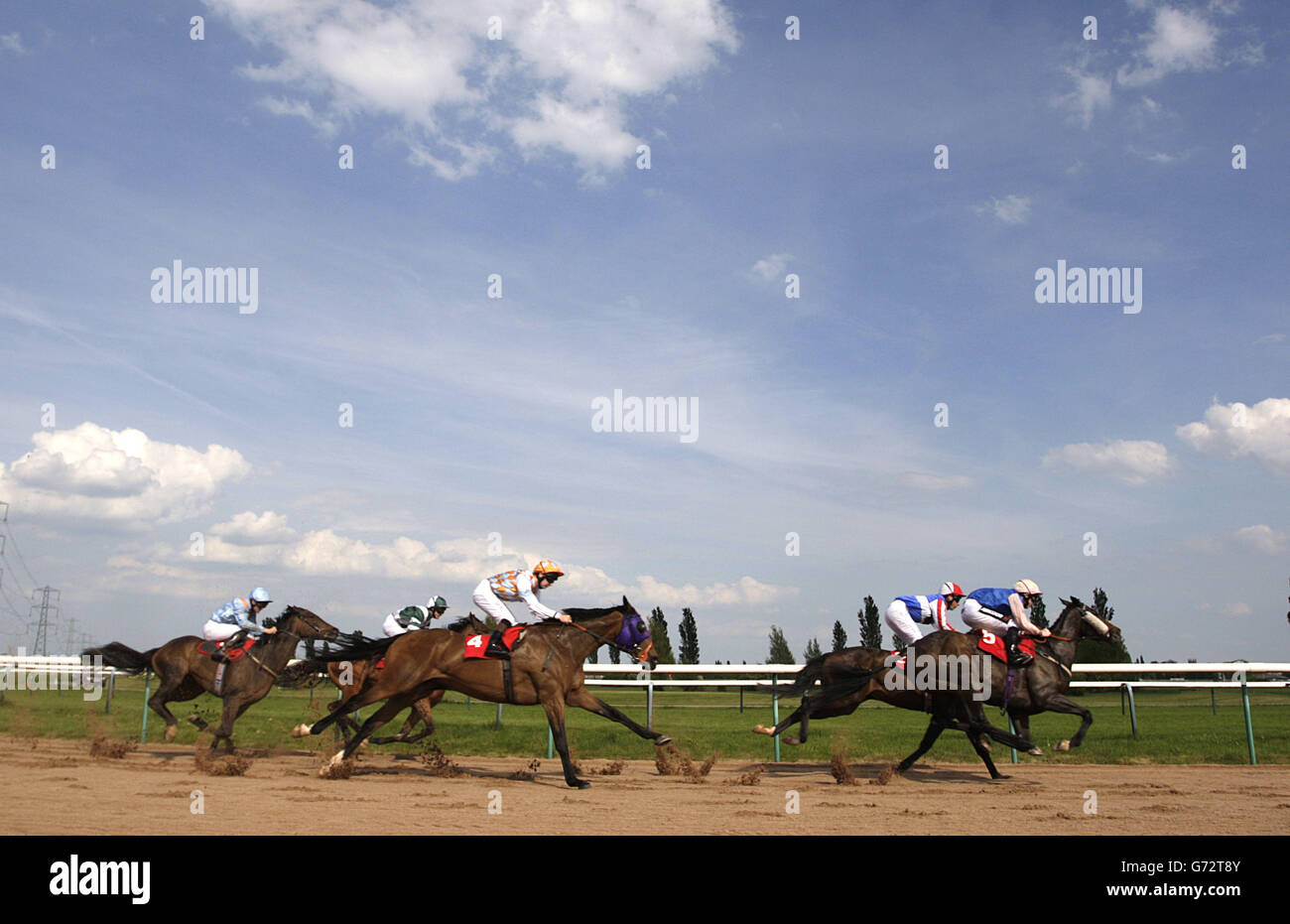 Abi Scarlet ridden by Charlie Bennet (second left) goes on to win The Quicksilverslots &pound;1 to Win &pound;500 Fillies' Handicap Stakes at Southwell Racecourse, Southwell. Stock Photo