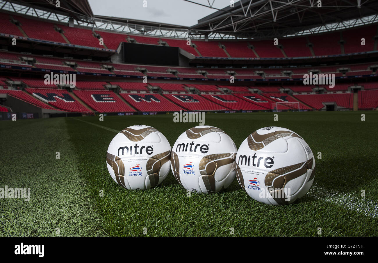 Soccer - Football League - Play Off Finals Promotion - Wembley Stadium. Detail view of the match balls of the Championship, League One and League Two Play Off Finals pitch side at Wembley Stadium Stock Photo