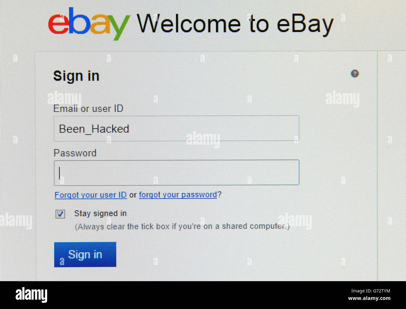 A view of the login page of  with a made up user name, as the