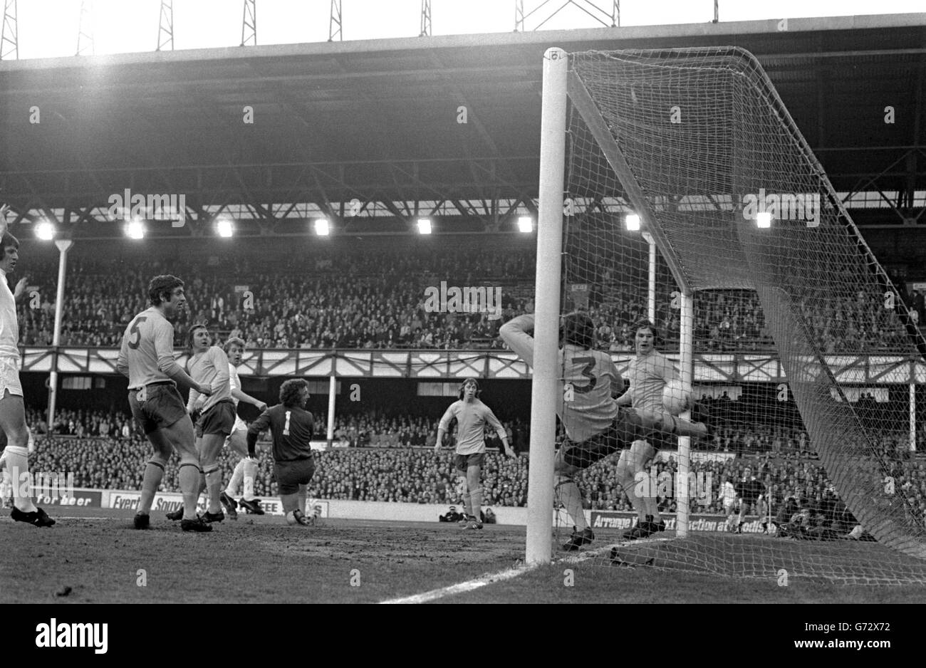 Arsenal's Bob McNab, almost in the net, as he clears right on the goal line during a Stoke City attack in the FA Cuo semi-final replay which Arsenal won 2-1 at Goodison Park. Stock Photo