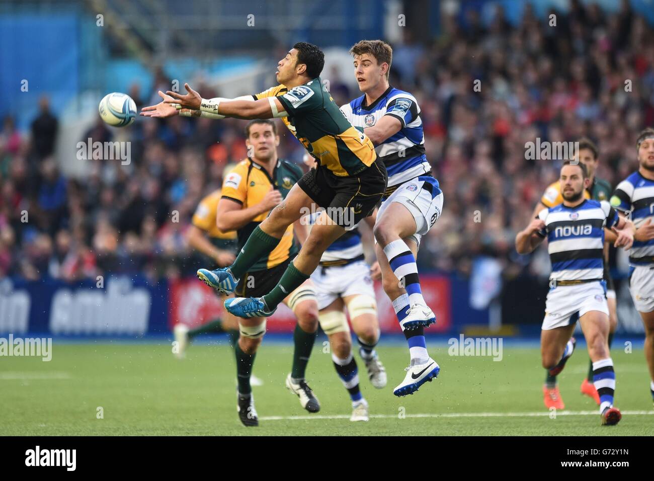 Northampton Saints' George Pisi (left) and Bath Rugby's Ollie Devoto ...
